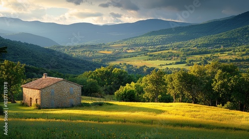 Traditional stone house surrounded by beautiful green hills and landscape