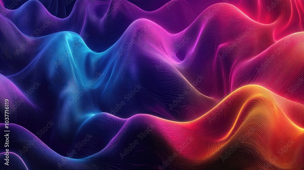 Abstract line art illustration featuring surreal backgrounds with curved wavy spirals and twisted concentric filament lines glowing in a rainbow gradient against a dark backdrop Abstract line art illustration featuring surreal backgrounds with curved wavy spirals and twisted concentric filament lines glowing in a rainbow gradient against a dark backdrop