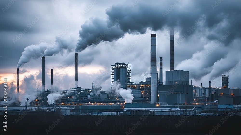 Wide-angle shot of a meat processing plant surrounded by an industrial landscape, large smoke stacks and cold storage buildings towering in the distance, the scene framed by a cloudy, overcast sky. Wide-angle shot of a meat processing plant surrounded by an industrial landscape, large smoke stacks and cold storage buildings towering in the distance, the scene framed by a cloudy, overcast sky.