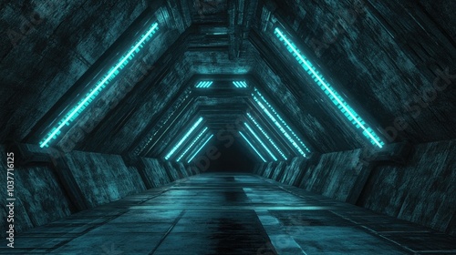Fototapeta Naklejka Na Ścianę i Meble -  Dark Grunge Concrete Sci Fi Modern Futuristic Underground Tunnel Featuring Neon Blue Arrow Lights in 3D Rendering Illustration
