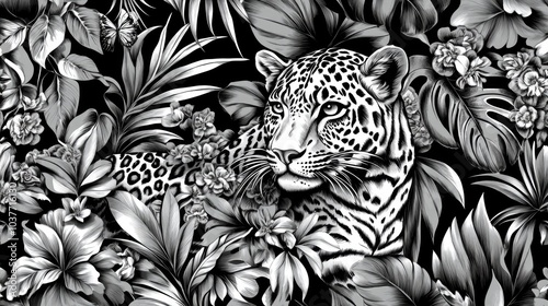 Wallpaper Mural Elegant monochrome tropical seamless design featuring exotic wildlife like leopards and tigers alongside abstract fantasy flora Classic vintage jungle inspired pattern Torontodigital.ca