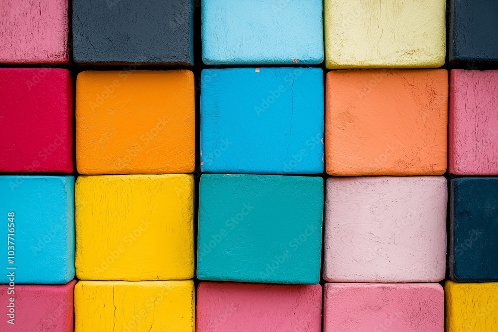 An array of textured, colorful square blocks arranged symmetrically, creating a vibrant and artistic modern display. An array of textured, colorful square blocks arranged symmetrically, creating a vibrant and artistic modern display.