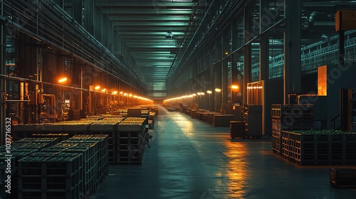 A sleek vegetable processing plant at dusk, warm artificial lights glowing against the cold metal structures, wide-angle shot capturing the rows of machinery 