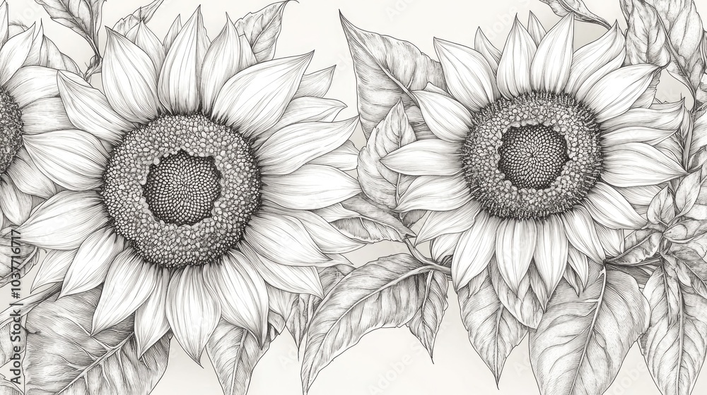 custom made wallpaper toronto digitalHand Drawn Sunflower Line Art Featuring Delicate Fine Lines Black and White Floral Illustrations of Sunflowers