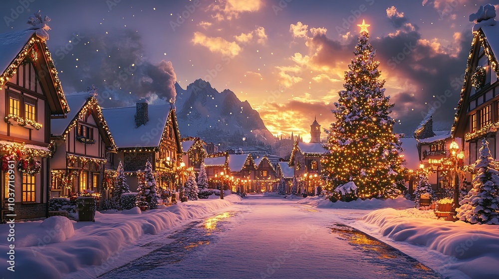 A serene Christmas village at sunset, streets lined with snow and twinkling lights, wide-angle shot capturing a large Christmas tree in the town square, glowing warmly under the golden light of dusk. A serene Christmas village at sunset, streets lined with snow and twinkling lights, wide-angle shot capturing a large Christmas tree in the town square, glowing warmly under the golden light of dusk.