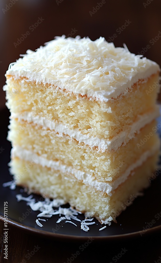 Delicious coconut cake on a black plate. Delicious coconut cake on a black plate.