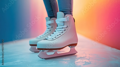 Close-up of white figure ice skates on an ice rink with vibrant lighting photo