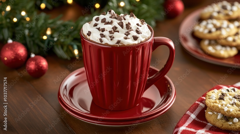 Festive Hot Chocolate in a Red Mug with Toppings Festive Hot Chocolate in a Red Mug with Toppings