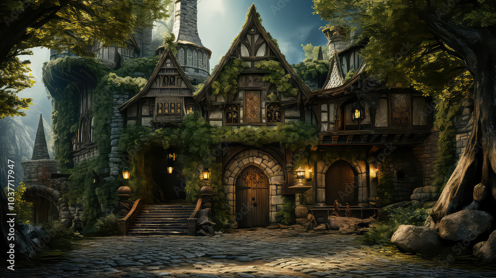 Tudor style, House Fantasy background, Creating antique design of Outdoor Spaces architecture decorate vintage concept Tudor style, House Fantasy background, Creating antique design of Outdoor Spaces architecture decorate vintage concept