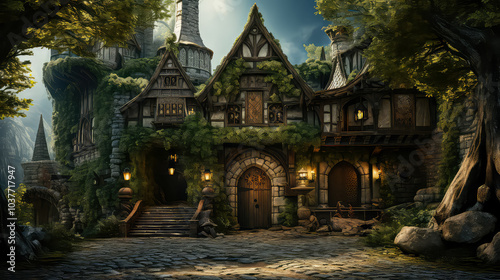 Tudor style, House Fantasy background, Creating antique design of Outdoor Spaces architecture decorate vintage concept
