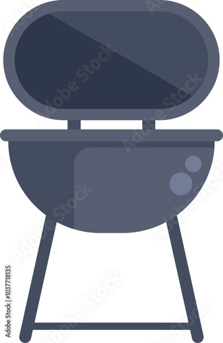 Modern kettle charcoal barbecue grill standing on three legs with opened lid for outdoor cooking and picnics, front view, isolated on white background