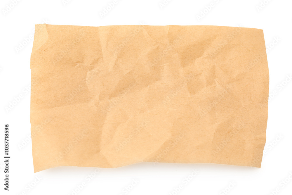 Crumpled kraft paper sheet isolated on white, top view