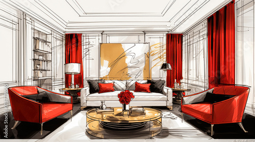 MLuxurious Room with Golden Furnishings and Red funiture, Enhanced by Black and White Sketch and One-Line Drawing