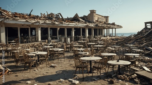 Destroyed beachfront restaurant with broken chairs and tables after a natural disaster 