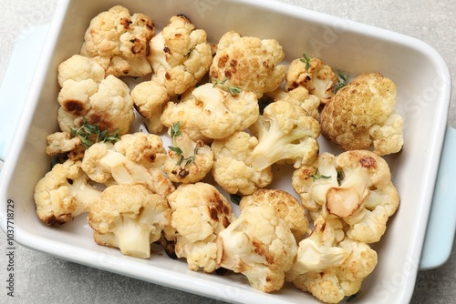 Baked cauliflower in baking dish on light grey table, top view