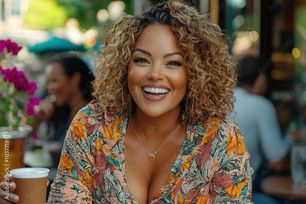 Smiling Woman with Curly Hair Holding a Coffee Cup in a Floral Blouse Smiling Woman with Curly Hair Holding a Coffee Cup in a Floral Blouse