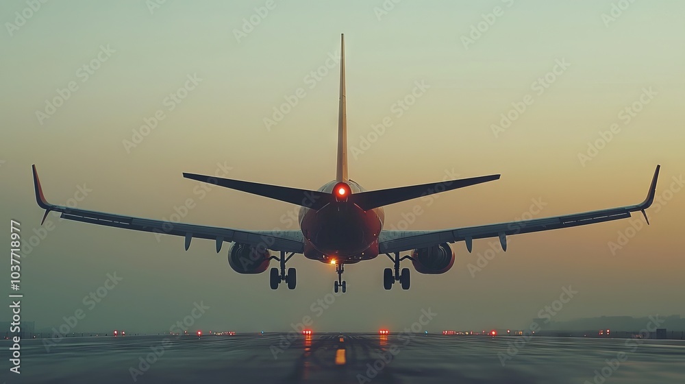 Airplane landing at sunset with a soft glow on the horizon Airplane landing at sunset with a soft glow on the horizon