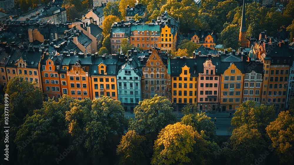 Naklejka premium Colorful row of houses surrounded by trees in an urban area