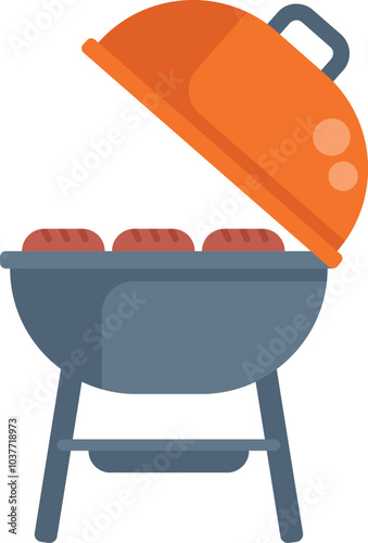 Barbecue grill cooking sausages on white background, summer barbecue party, picnic, outdoor recreation, vector illustration in flat style