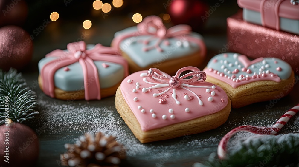 Christmas cookies, shaped like gift boxes and hearts, featuring colorful icing with ribbon-like designs 
