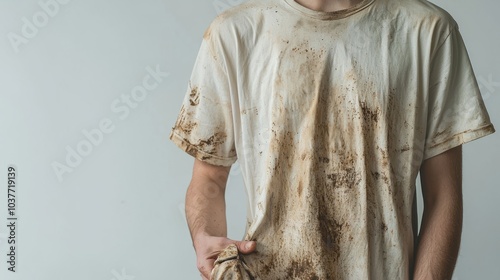 Person wearing a dirty and stained shirt with visible marks photo