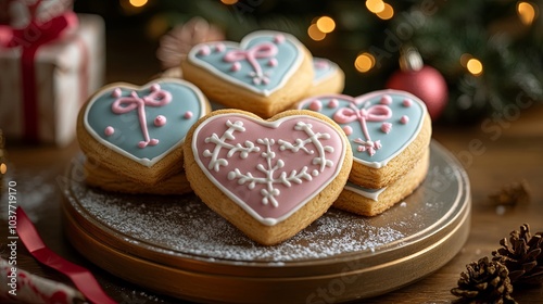 Christmas cookies, shaped like gift boxes and hearts, featuring colorful icing with ribbon-like designs 