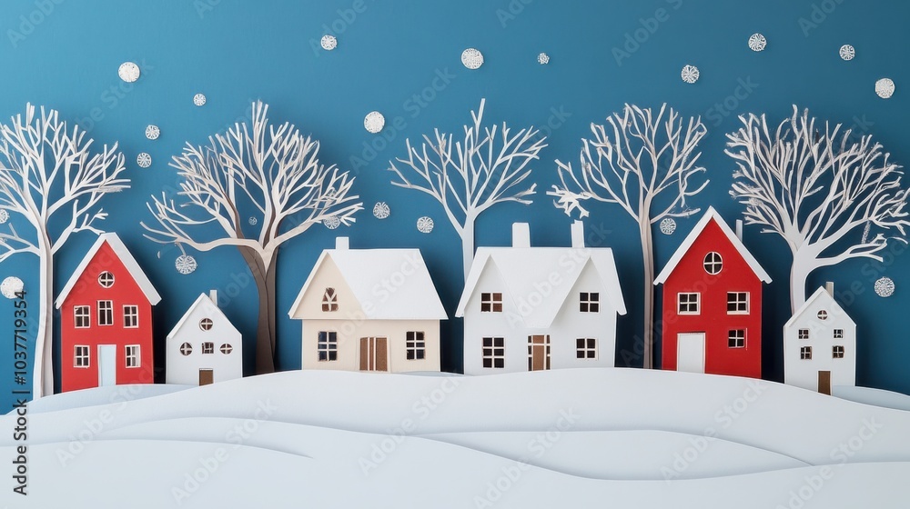 Fototapeta premium Snowy Houses with Abstract Trees and Swirling Shapes