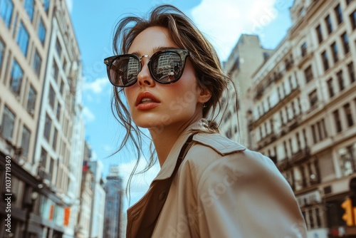 Woman Wearing Sunglasses and Beige Jacket in Urban Setting