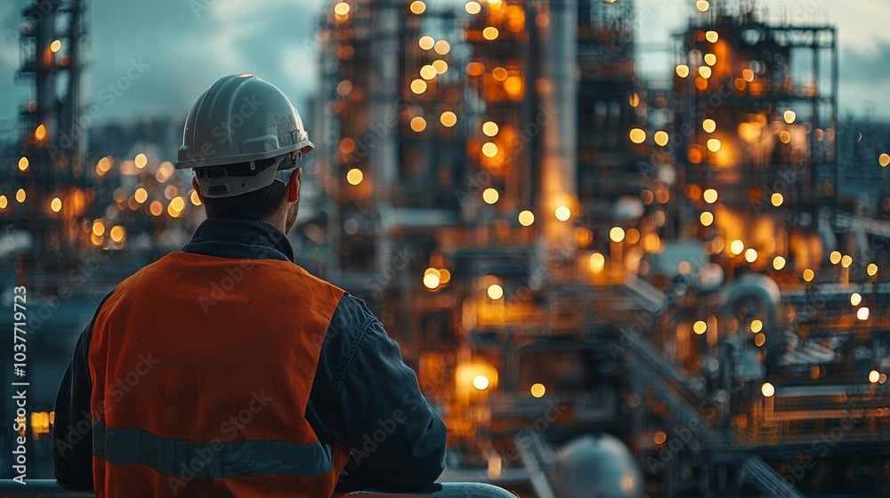 Engineer overseeing operations in an oil refinery at dusk Engineer overseeing operations in an oil refinery at dusk
