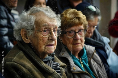 Elderly woman with glasses on the background of the crowd.