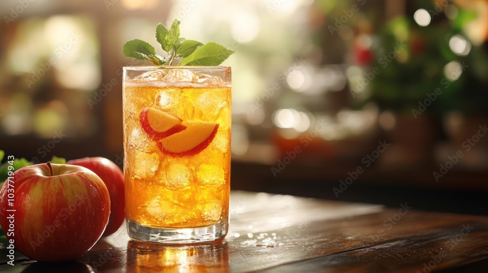 An inviting scene with a refreshing apple tea cocktail and apples, An inviting scene with a refreshing apple tea cocktail and apples,