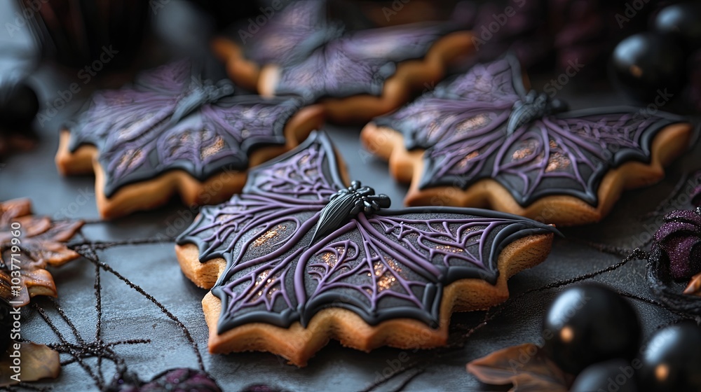 Halloween cookies, shaped like bats and spiders, decorated with dark purple and black icing 