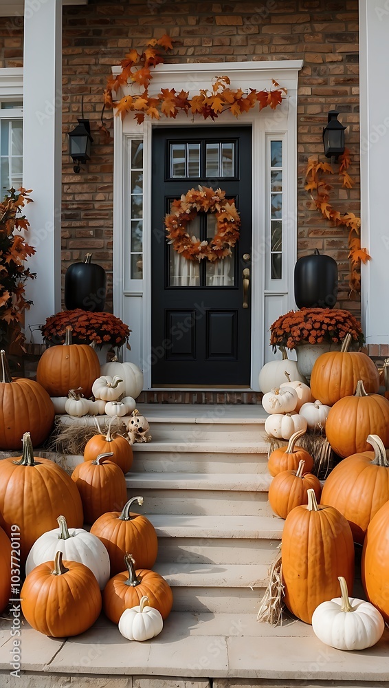 Fototapeta premium Front porch Halloween decor with pumpkins and autumn leaves, trick or treaters seasonal celebrations.