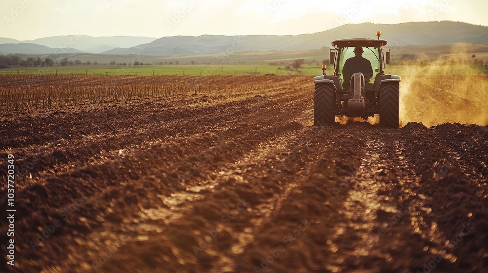 Fototapeta premium A farmer driving a tractor through a field, preparing the soil for planting, highlighting agricultural labor
