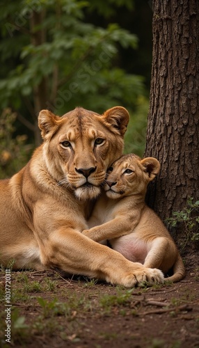 Baby lion cuddling with mother under a tree, basking in soft afternoon light