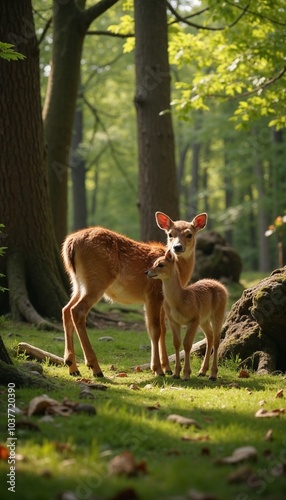 Newborn fawn with mother in a peaceful forest setting, showcasing a nurturing bond