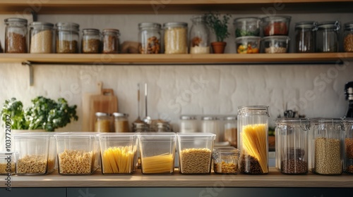 Organized Kitchen Pantry with Glass Jars of Food