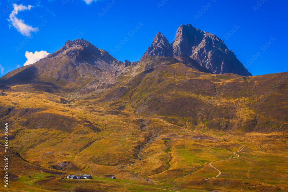 Landscape in the mountains, a view of the Pic du Midi d´Ossau from the mountain pass of Portalet