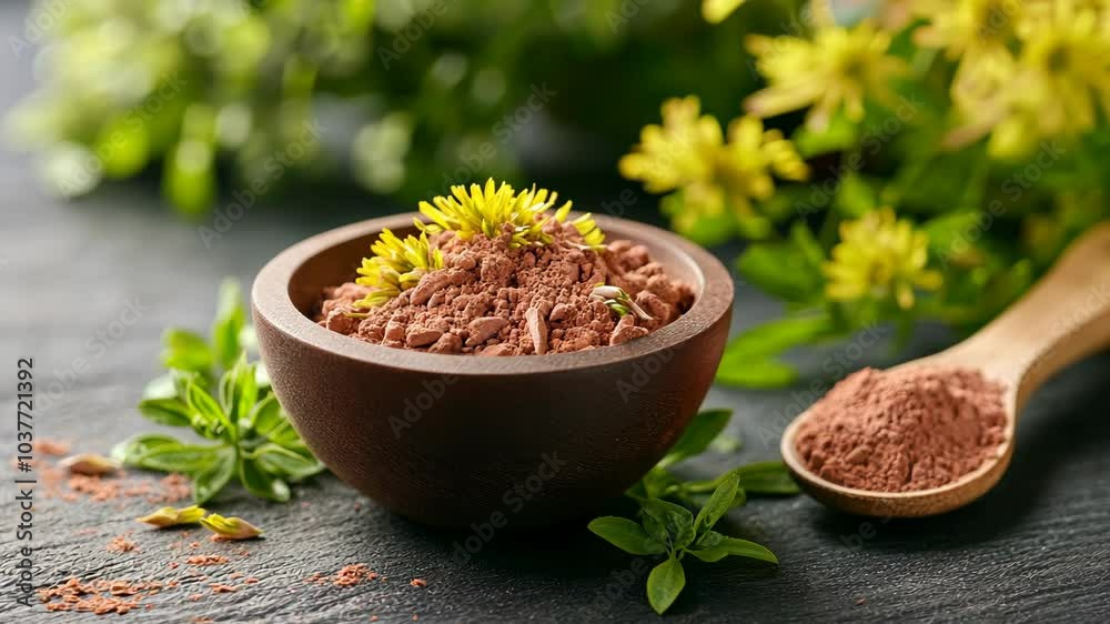 A wooden bowl filled with red clay powder and yellow flowers sits on a dark surface surrounded by green leaves A wooden bowl filled with red clay powder and yellow flowers sits on a dark surface surrounded by green leaves