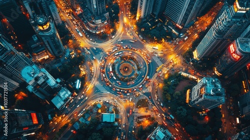 Aerial view of a bustling metropolis with traffic, people, and highrise buildings photo