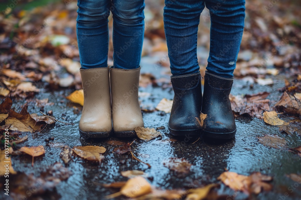Two children in boots stand on rain-soaked leaves, capturing an autumn moment filled with whimsical charm and colors. Two children in boots stand on rain-soaked leaves, capturing an autumn moment filled with whimsical charm and colors.