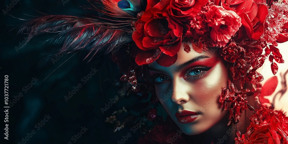 A striking portrait of a woman wearing a vivid red floral headdress, highlighting her artistic flair and allure. A striking portrait of a woman wearing a vivid red floral headdress, highlighting her artistic flair and allure.