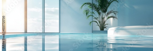 A tranquil indoor pool reflects sunlight, with lush palm in a minimalist, modern styled room of tranquility. photo