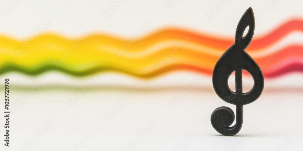 Fototapeta premium Rainbow Rhythm: A black treble clef stands out against a vibrant, blurred rainbow wave background, symbolizing musical harmony and creativity.