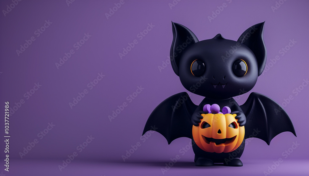 Cute Black Bat Holding Candy 3D Rendering