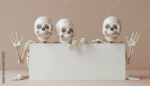 Smiling Skeletons 3D Rendering Cute White Blank Background
