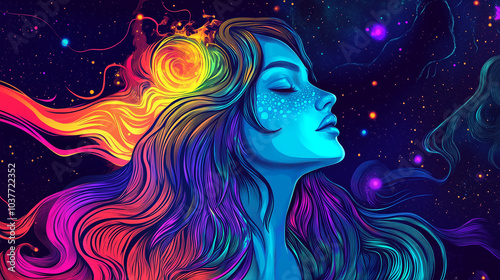 Cosmic Woman with Flowing Hair and Neon Colors