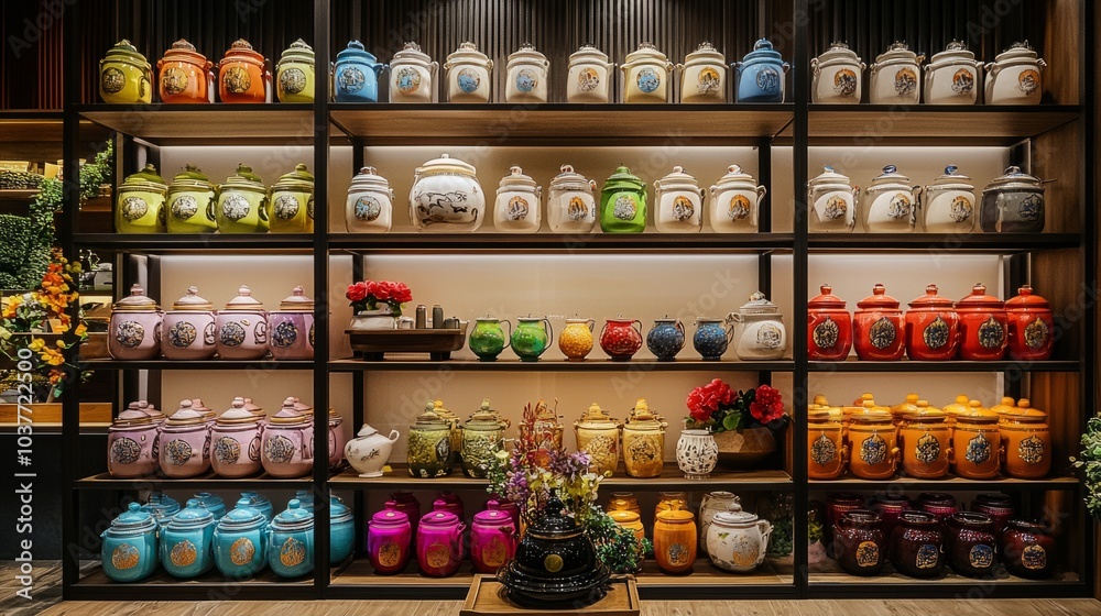 Wall full of loose leaf tea canisters, on display store Tea Room. Wall full of loose leaf tea canisters, on display store Tea Room.