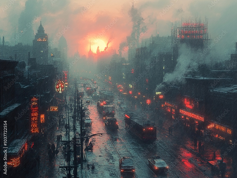 Rainy Cityscape at Sunset: A Digital Painting Rainy Cityscape at Sunset: A Digital Painting