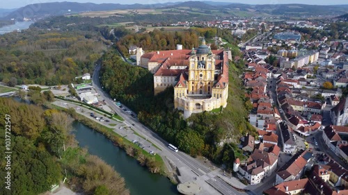 Melk, Austria - October 19, 2024: aerial view on the Melk abbey at the warm autumn